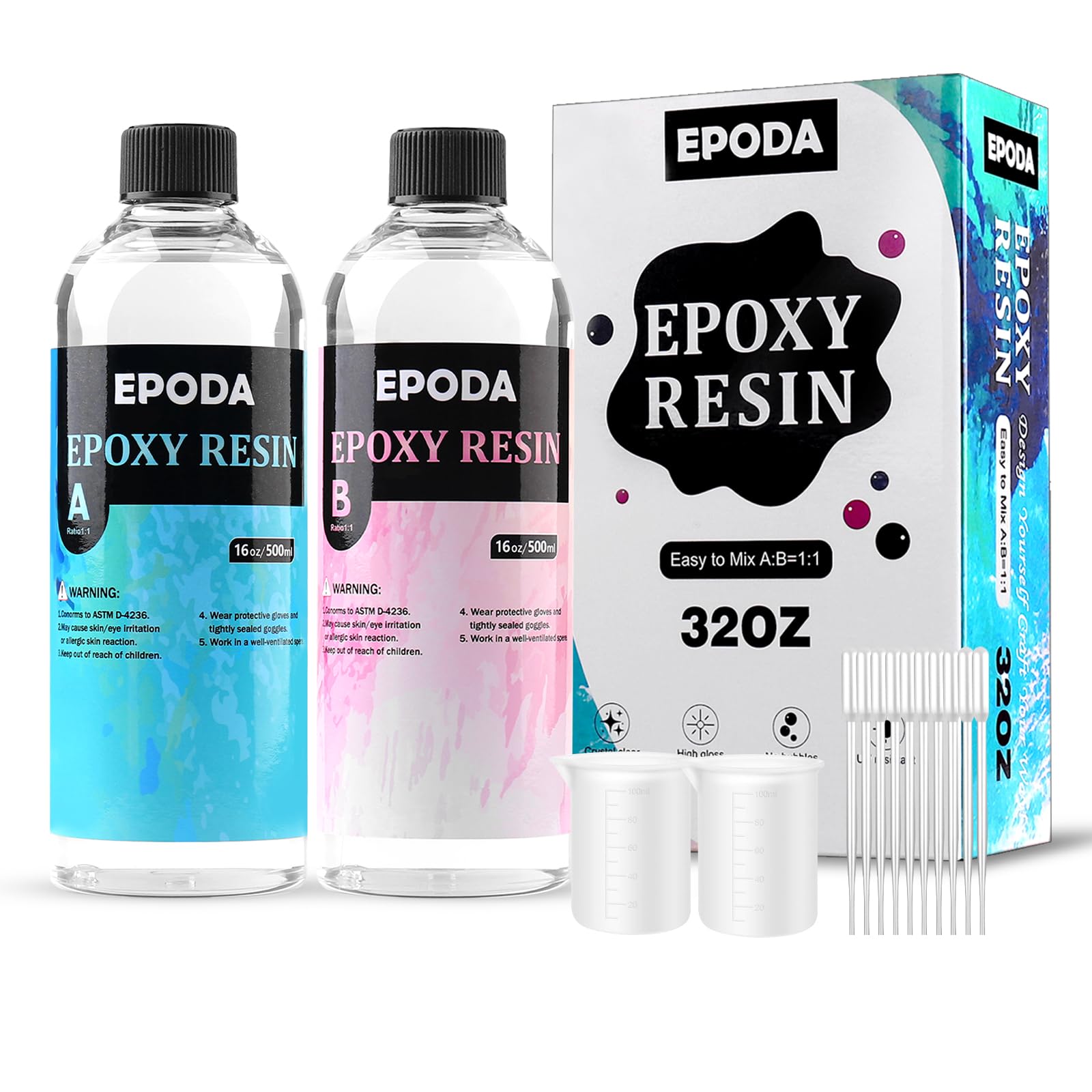 EPODA946ml/32oz Resin Kit, Epoxy Resin, 1:1 by Volume,High Gloss Epoxy Resin and Hardener, Bubble Free Casting Resin,Clear Resin For Crafts With Measuring Cups And Dropper Pipette,DIY Crafts