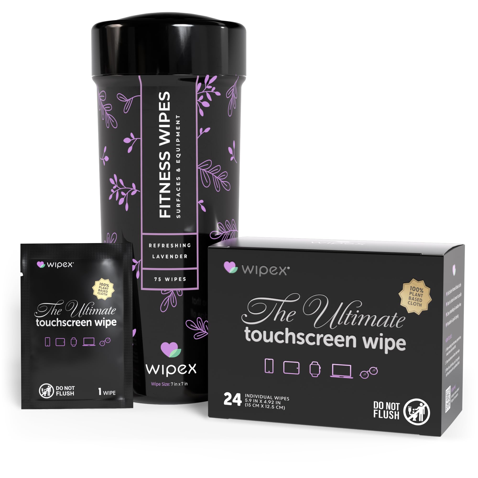 Wipex Screen Wipes & Gym Wipes Combo Pack - 75ct Gym Equipment Canister & 24ct Individually Wrapped Fitness Touch Screen Cloths, Safe for Yoga Mats & Electronics, Lavender Scent