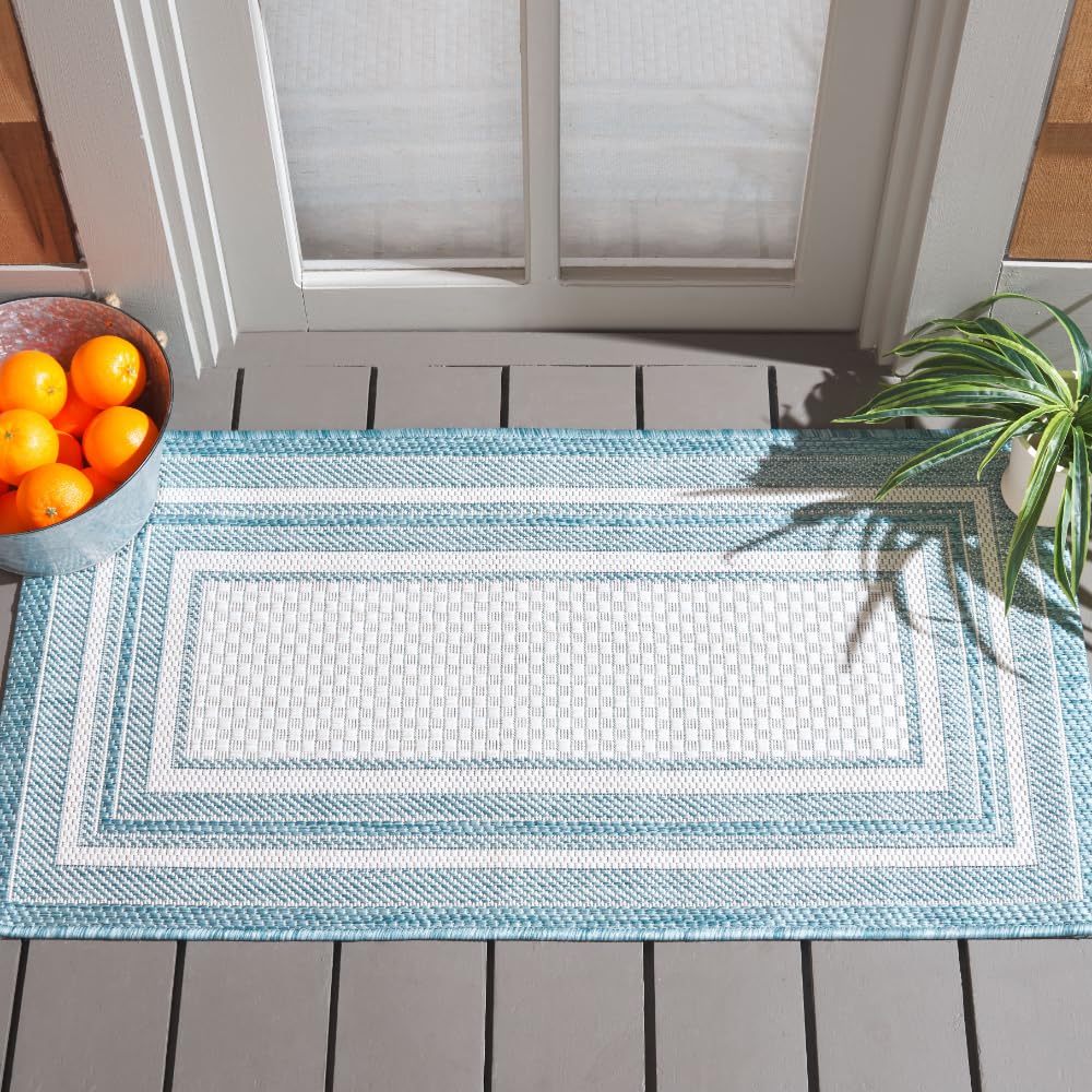 SAFAVIEH Courtyard Collection 2' x 3'7" Ivory / Aqua CY8475 Indoor/ Outdoor Waterproof Easy Cleaning Patio Backyard Mudroom Accent Rug