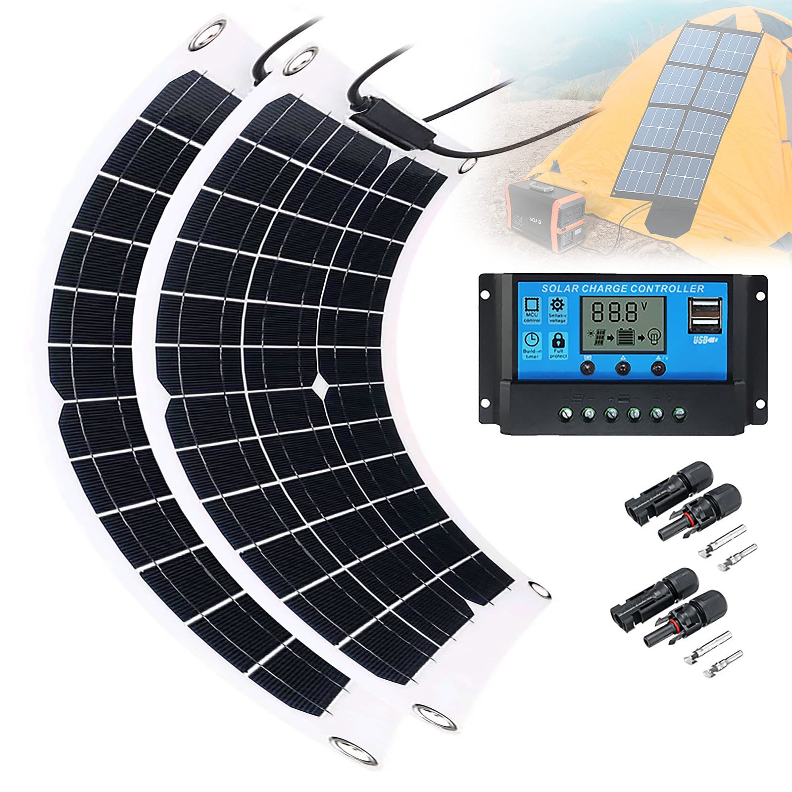 panneaux solaires, Kit de panneaux solaires flexibles portables 100 W monocristallins for camping-car, bateau, tente, avec contrôleur et connecteurs MC4, lot de 2
