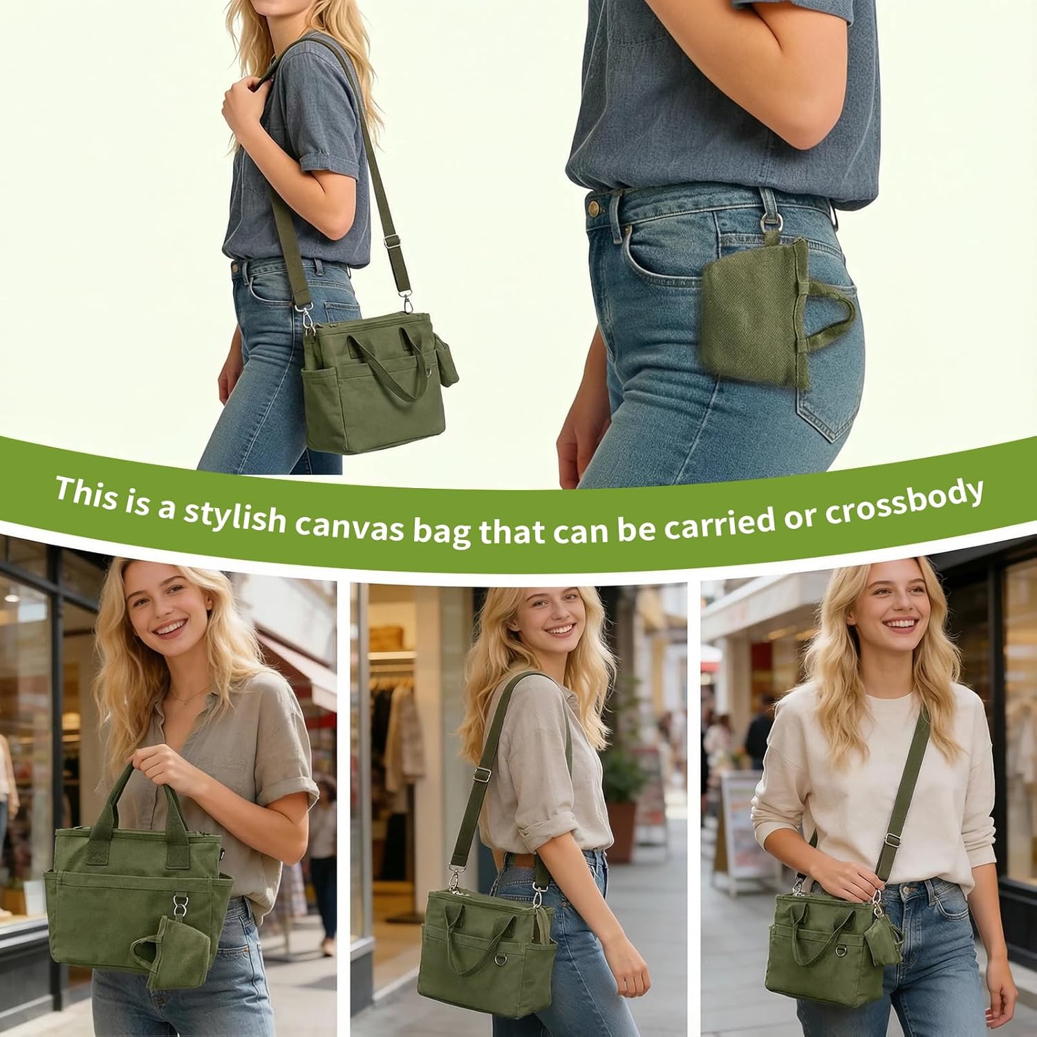 Small Canvas Tote Bag with Multi Pockets, Crossbody Shoulder Bag with Compartments and Zipper, Lightweight Adjustable Tote - Image 2