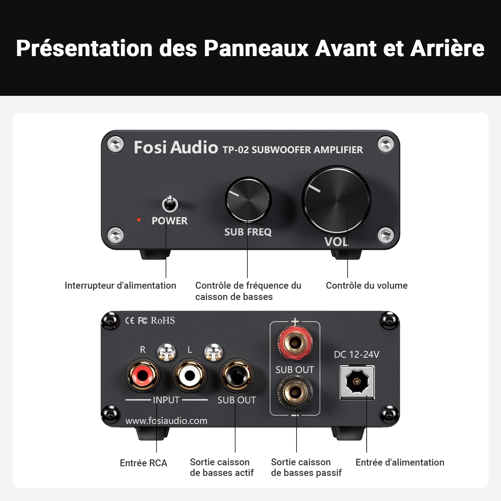 Fosi Audio TP-02 Amplificateur Subwoofer Mini Sub Bass Amplificateur Numérique de Subwoofer Intégré de Classe D TDA7498E 220Watt