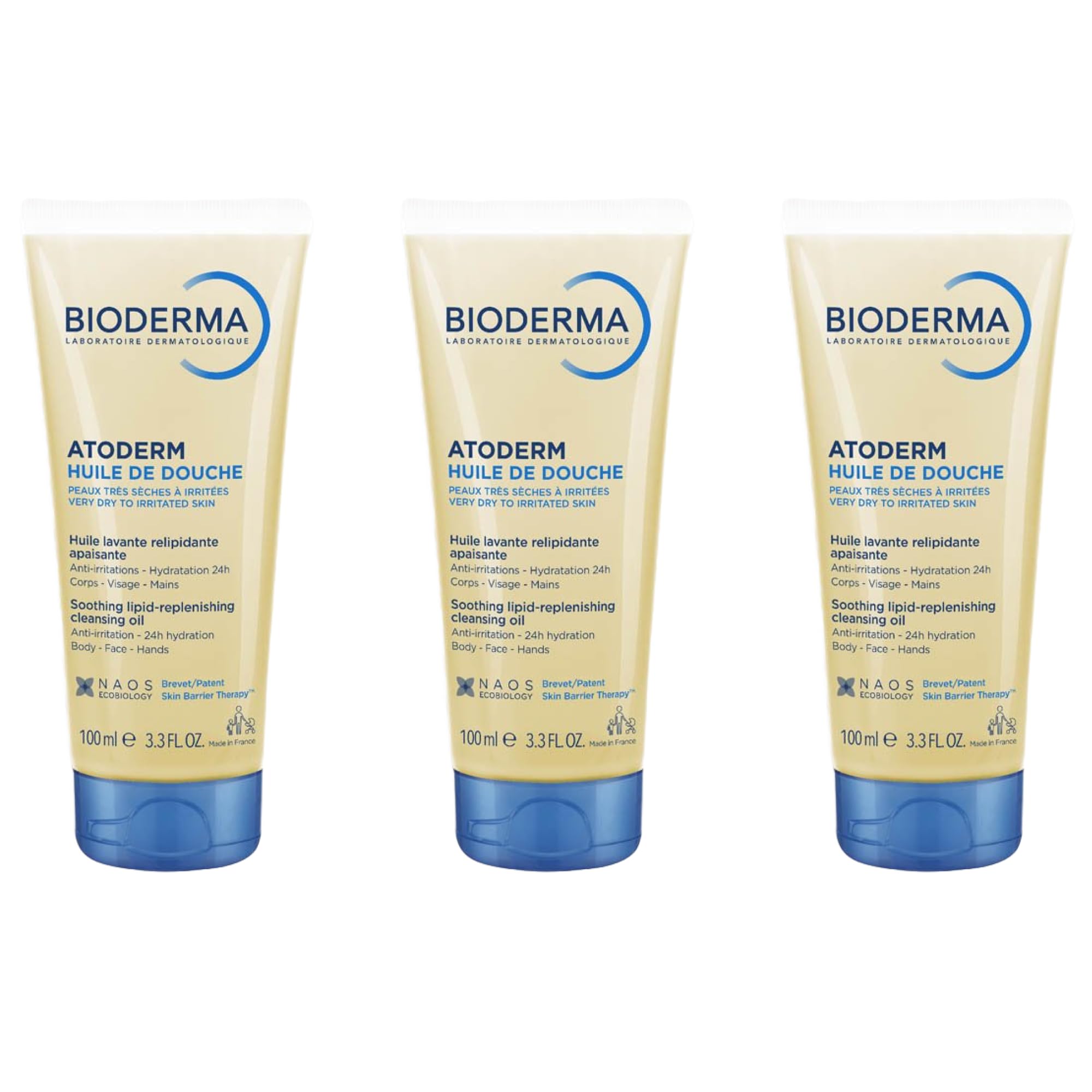 Atoderm Huile de Douche - Nettoyant Relipidant et Hydratant - Peaux Très Sèches à Atopiques - 24h d’Hydratation et Confort - Visage, Corps et Mains - Pour Toute la Famille - Lot de 3x100mL