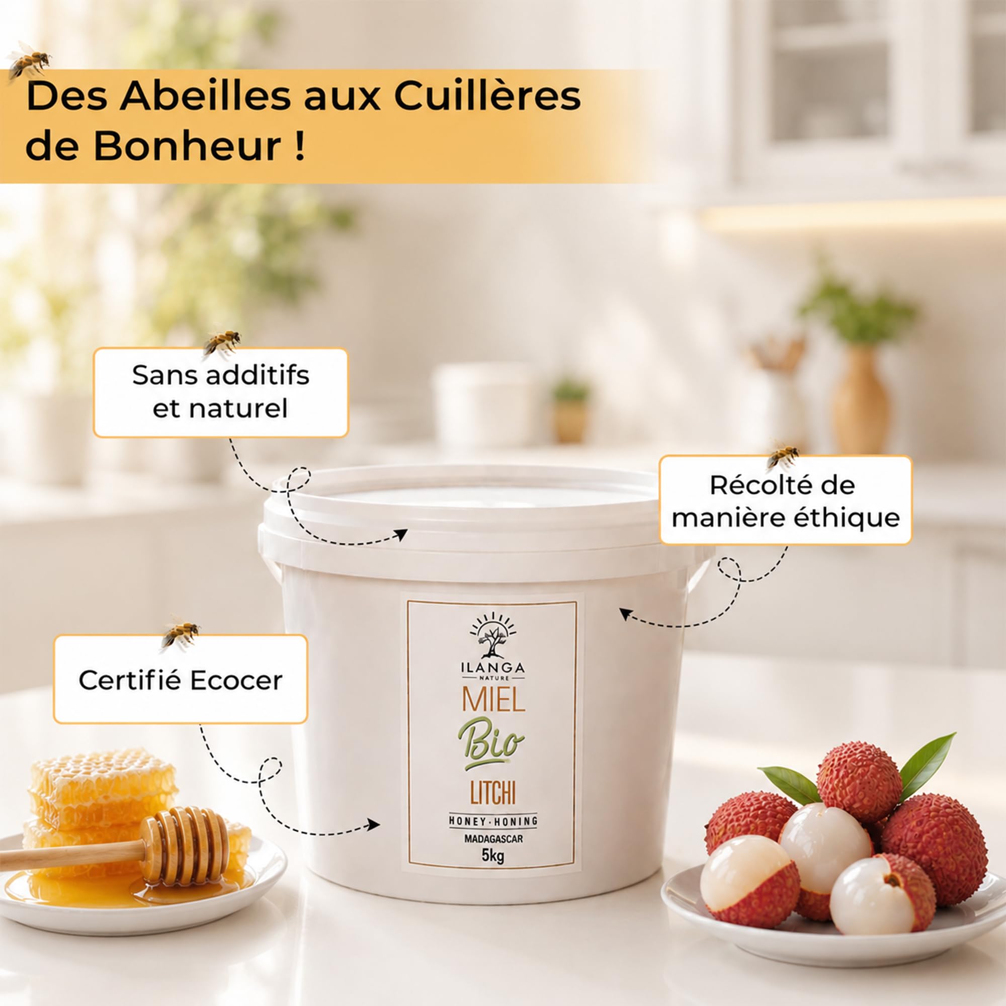Ilanga Nature - Miel de Litchi BIO - 100% pur - Seau de Miel 5 kg - Format Famillial - Miel de Madagascar
