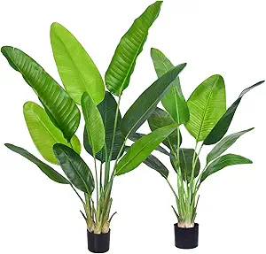 Artificial Bird of Paradise Plant, Fake Tree with Realistic Leaves and Durable pots, Adjustment-Free Branches Artificial Tree for Indoor Outdoor Home Decor (4FT&5FT 2Packs)