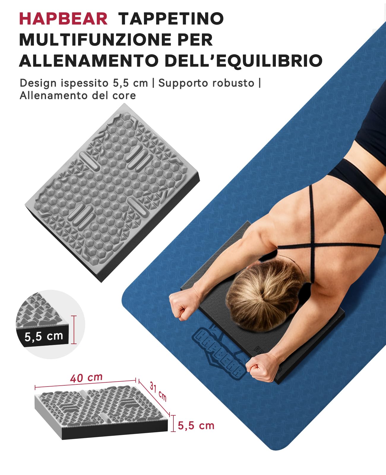 HAPBEAR Balance Pad 2 in 1 – Cuscino Equilibrio e Massaggio 38x30 cm, Base Antiscivolo TPE, EVA Alta Densità, Spessore 5,7 cm – Fisioterapia, Riabilitazione, Yoga e Fitness a Casa