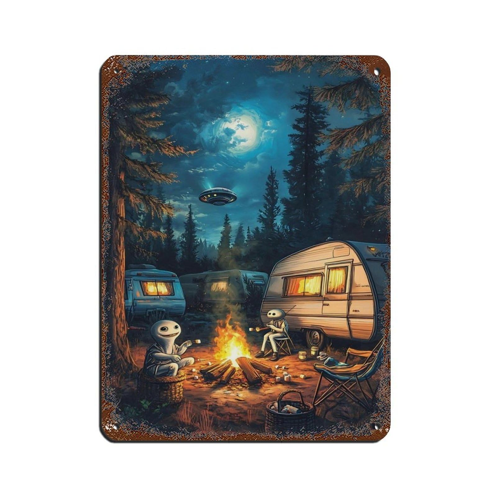 Lxwnze 30L X 40W Cm Alien Campfire,Spaceship Night Forest Retro Poster Metal Tin Sign Chic Art Retro Iron Painting Bar People Cave Cafe Family Garage Poster Wall Decoration 12X16inch(30X40cm)