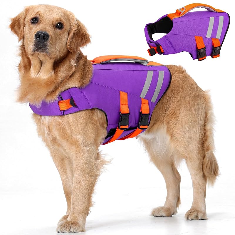 Colete salva-vidas para cães com alça de resgate e faixas refletivas LeLePet, Purple, tamanho L