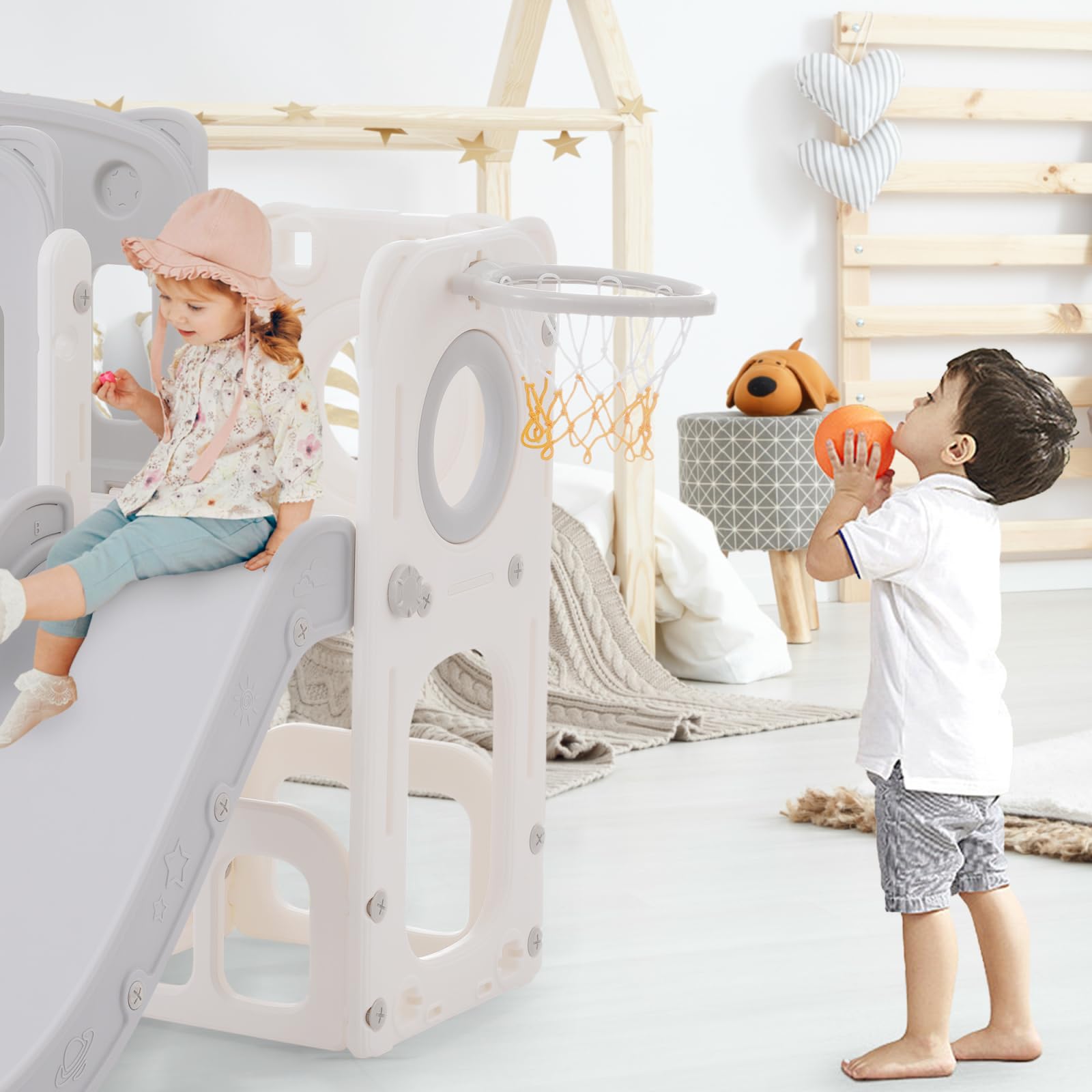 Rutsche und Schaukel für Kinder, 7-in-1Kinder Spielplatz mit Rutsche, Schaukel, Basketballkorb, Klettern,Treppe, Bohrspiel und Stauraum - Rutsche Set für Kindergeschenk
