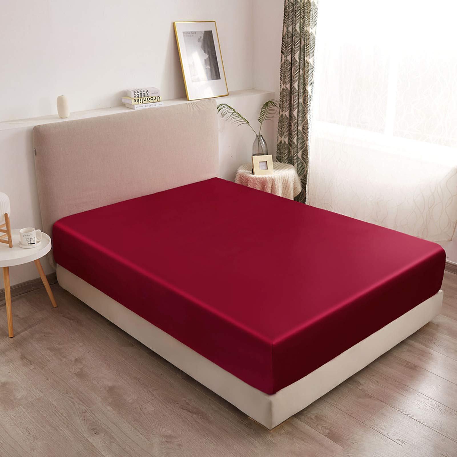 XINNI Satin Silky Fitted Bed Sheet Full Size with Elastic All Around Fits Mattress Protector Cover 11.8 Inch Deep Pocket Fitted Sheet Only