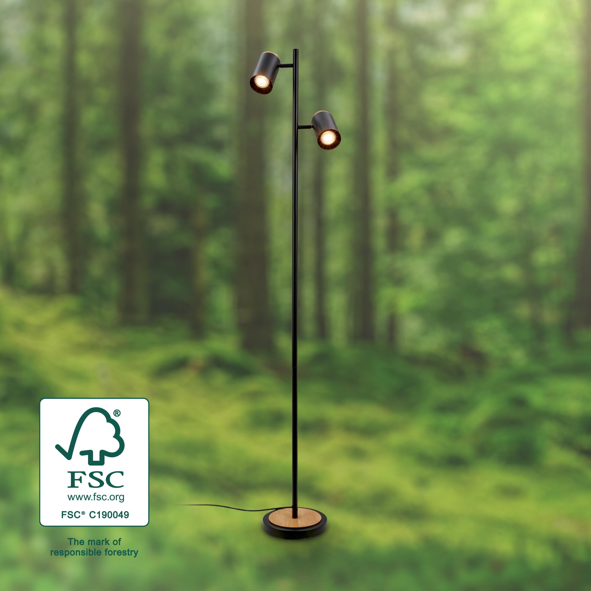 BRILONER - Lampada da terra con interruttore a cavo, faretti orientabili, 2x attacco GU10, piantana lampada da terra, lampada da terra salotto, lampada soggiorno da terra, 26x26x159,5 cm, nero-legno