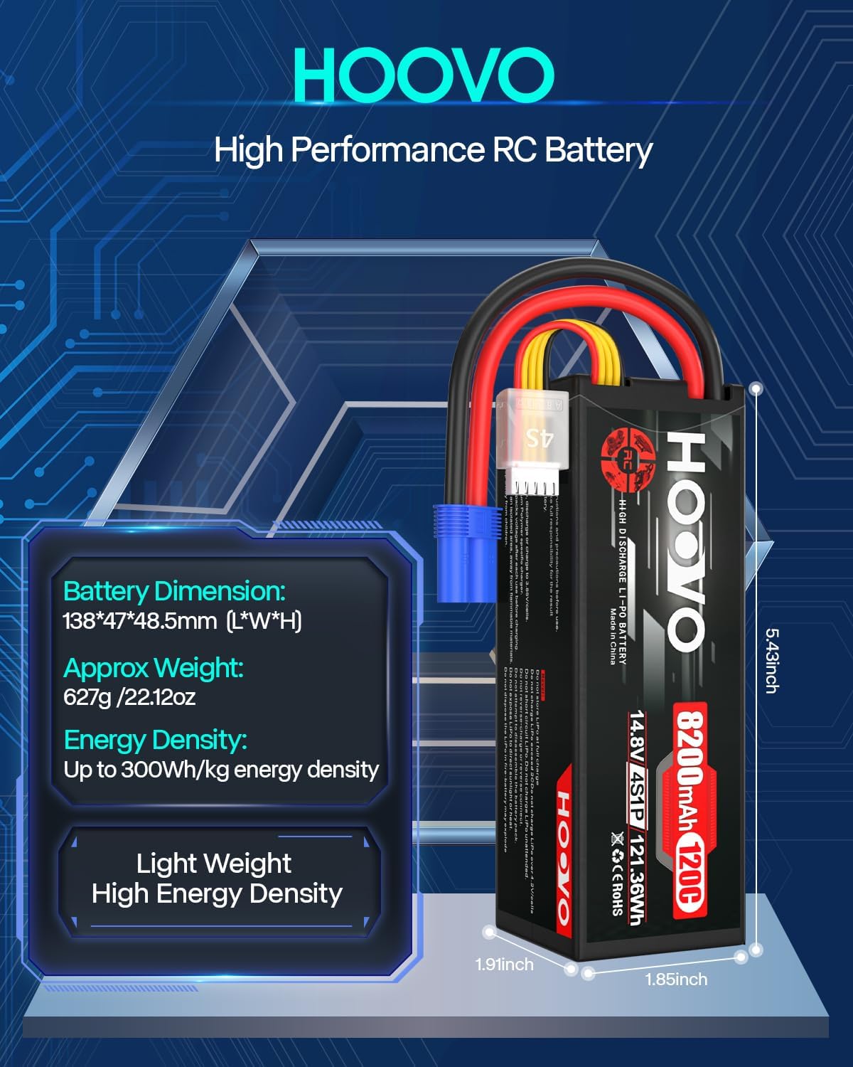 HOOVO 4S 14.8V LiPo Battery 8200mAh 120C RC Battery Pack Compatible with Arrma Losi DBXL-E RC Buggy Truggy Car Truck Boat(2 Pack)