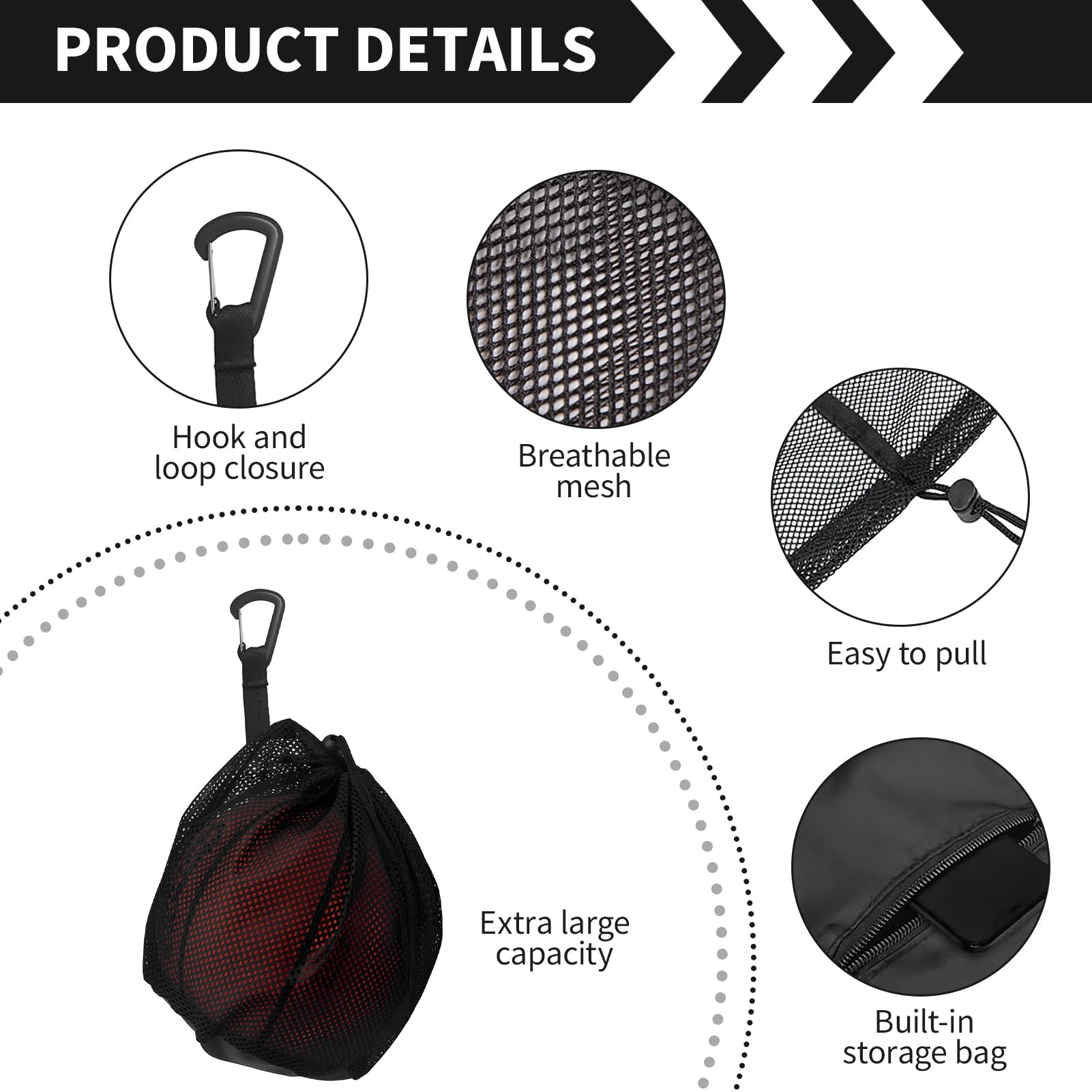 Sac à Ballon en Maille Filet Noir Filet De Rangement Pour Ballon Sac De Sport Avec Poche Zippée, Idéal Pour Basket Football Volleyball Pilates Et Entraînement En Extérieur Ou En Salle