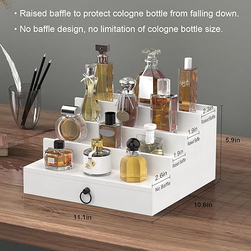 Vista 41 de Organizador de colonia para hombres, organizador de perfumes de madera negra de 4 niveles con cajón de forro de fieltro y compartimento oculto