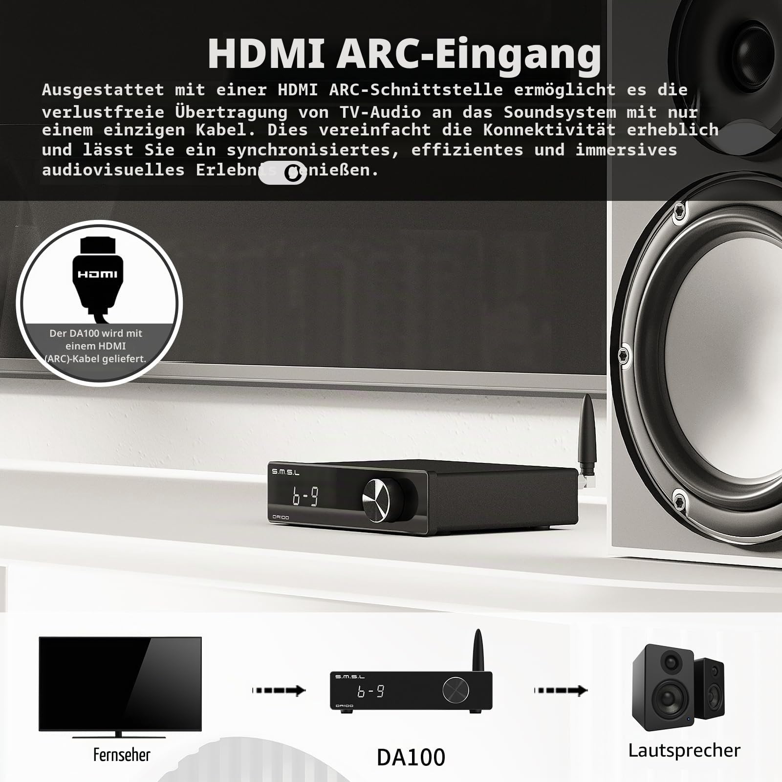 SMSL DA100 Leistungsverstärker 100W TI TAS5827 *2 Class-D-Verstärker Hoch-/Tiefpass 2.1 Subwoofer Bluetooth 5.3 Elektronische Lautstärkeregelung Stereo-Verstärker BT/USB/HDMI (ARC)/Optisch/Line-In