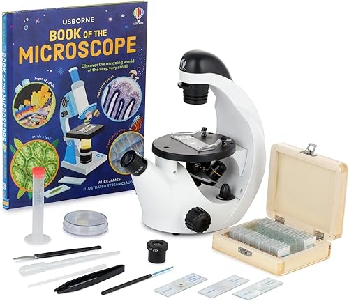 IQCrew STEM Science Discovery 40X-500X Microscopio invertido con 25 diapositivas preparadas y libro de microscopio para estudiantes y niños