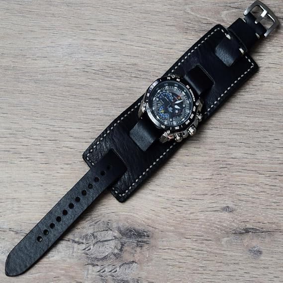 Leather Cuff watch strap BLack watch bund Pad 18 20 22 24 26 mm Hand made Nato wristwatch band