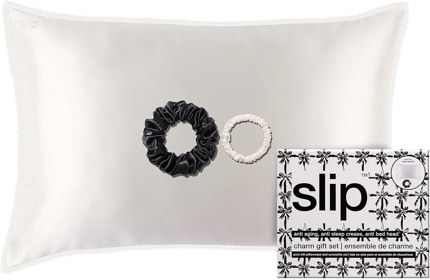 slip Charm Gift Set – White Queen Silk Pillowcase with Lace Trim, Black Large Scrunchie & White Skinny Scrunchie – Pure Mulberry Silk Hair & Sleep Essentials