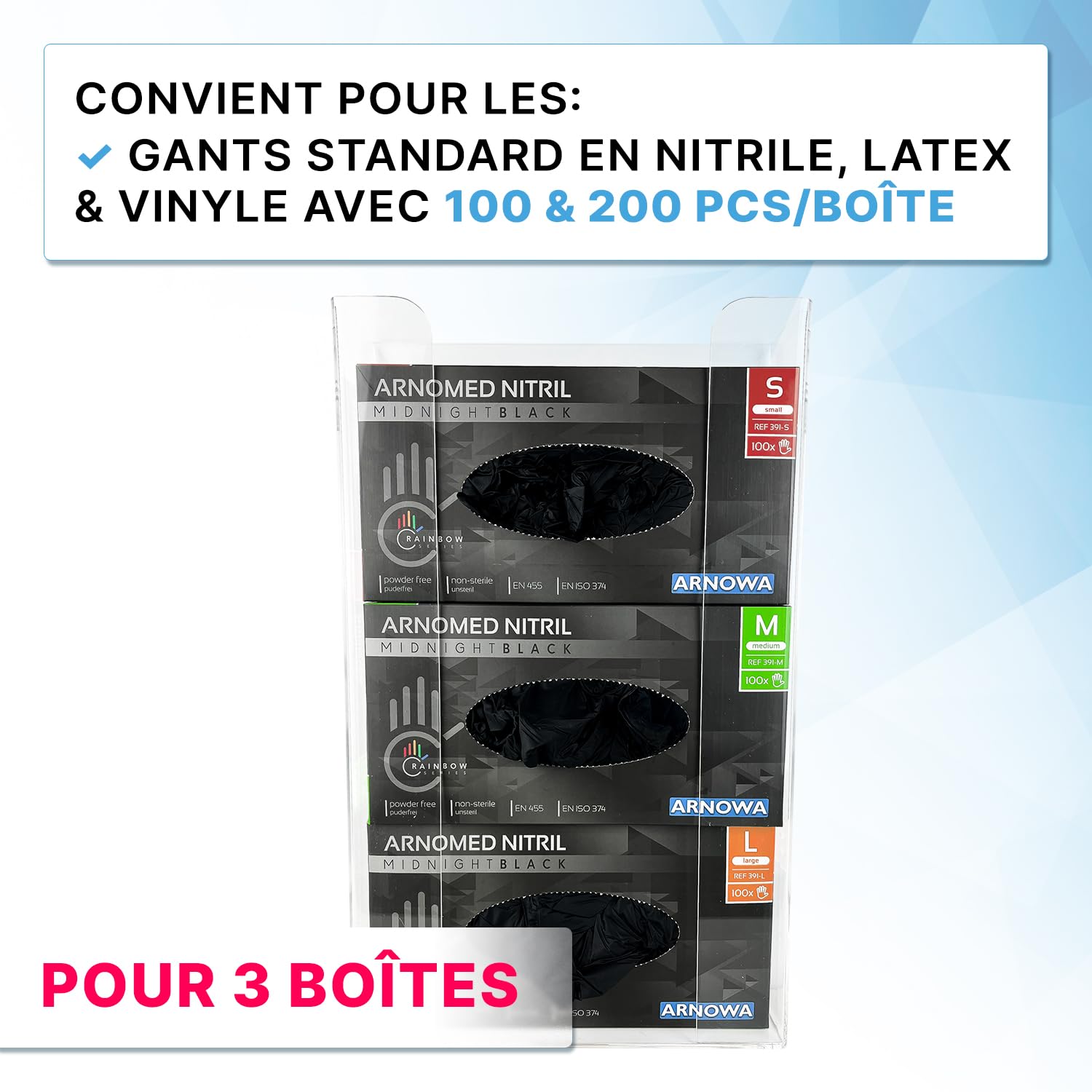 ARNOMED Support gant pour gants jetables, 3x support de gants jetables pour 3 boîtes, support mural pour gants jetables, distributeur de gants transparent en acrylique en 24,6x8,1x41 cm