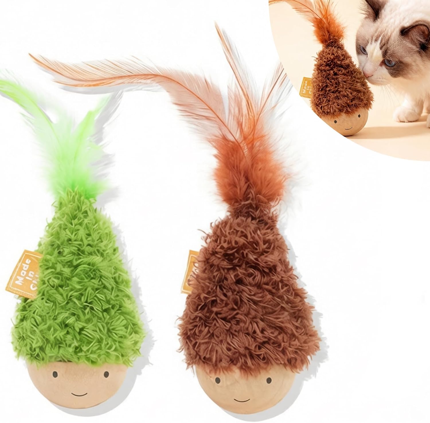 Yuzi 2 Packs Solid Wood Wobbler Cat Toy, Interactive Cat Toy for Indoor Cats, Self-Righting Chaser with Feather, Fluffy Plush Wooden Tumbler for Bored Kitten