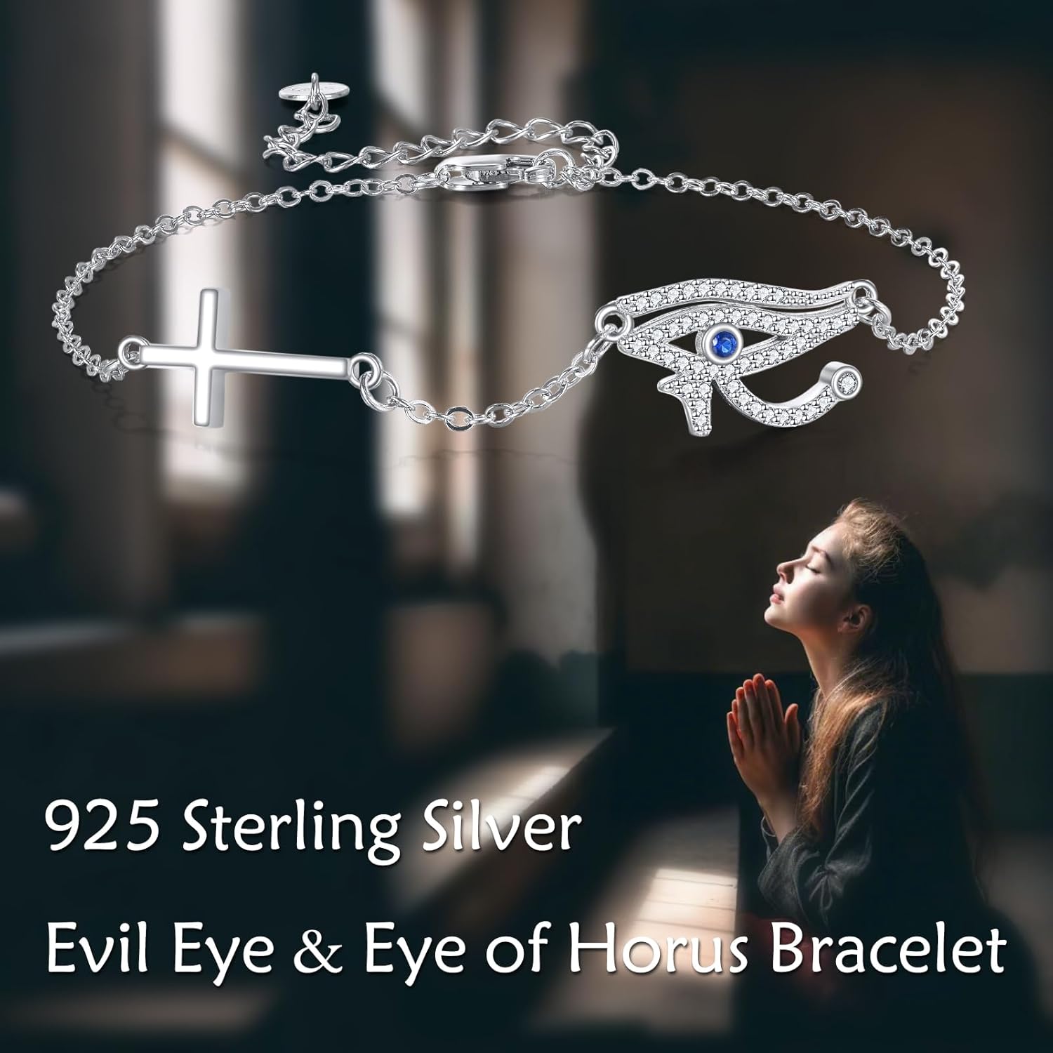 Evil Eye Bracelet 925 Sterling Silver Eye of Horus/Hamsa/Cross/Italian Horn Link Bracelets Blue Evil Eyes Jewelry Gifts for Women - Image 5