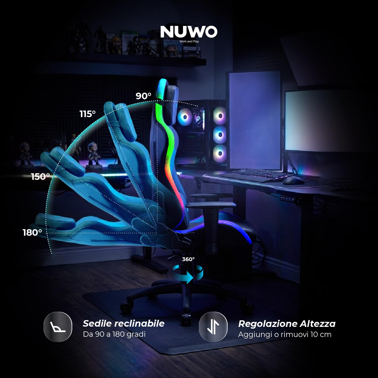 Nuwo Sedia Gaming LED RGB Ergonomica in Tessuto Traspirante | Reclinabile 180° | Struttura in Acciaio 150Kg | Braccioli 2D | Supporto Lombare e Cervicale | Sedia PC Gaming e Ufficio