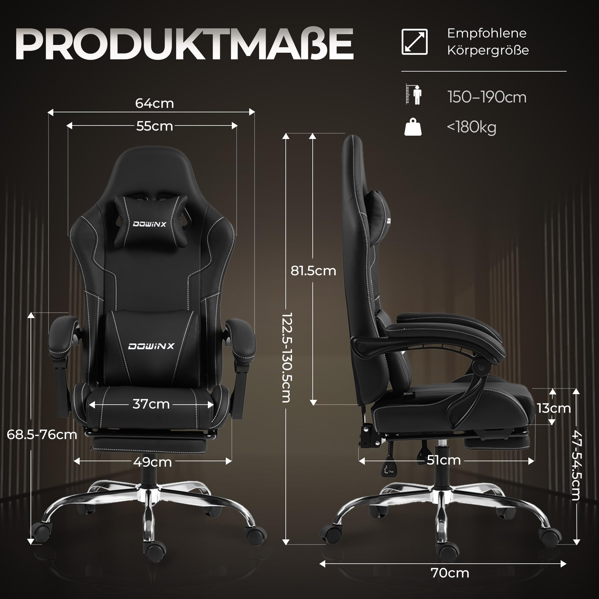 Dowinx - Chaise gaming - Ergonomique - Chaise de bureau pour gamer avec appuie-tête réglable, accoudoirs, et repose-pieds - Inclinaison du dossier réglable jusqu'à 150° - Charge maximale de 180 kg