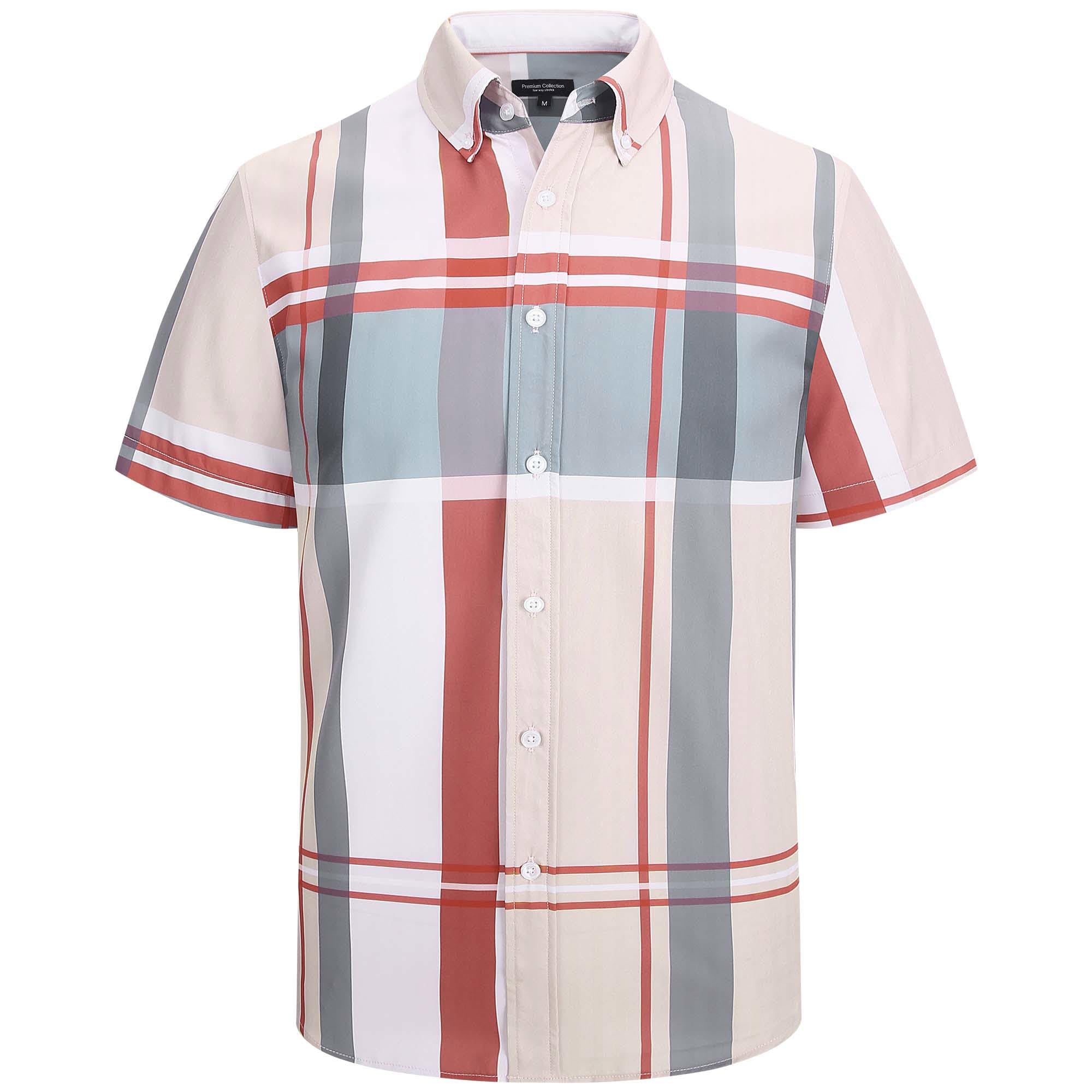 WARHORSEE Men's Plaid Button Down Shirts Short Sleeve 4-Way Stretch Dress Shirts for Men Business Casual Shirts