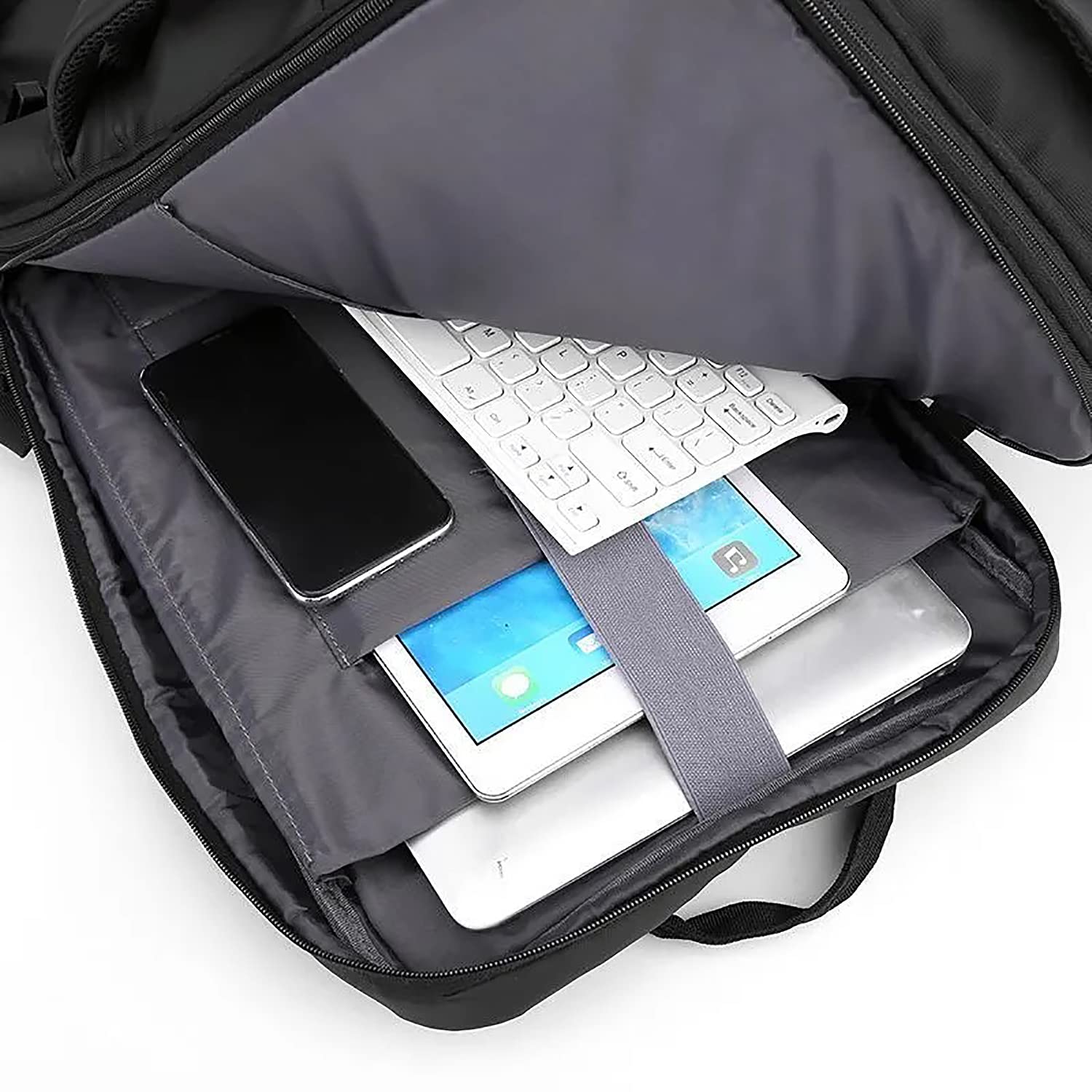 IBK Zaino da Viaggio Bagaglio a mano, porta PC Portatile Laptop Notebook Computer, Tessuto Impermeabile, con Caricatore USB, Uomo Donna Lavoro Ufficio Scuola, Grigio Nero