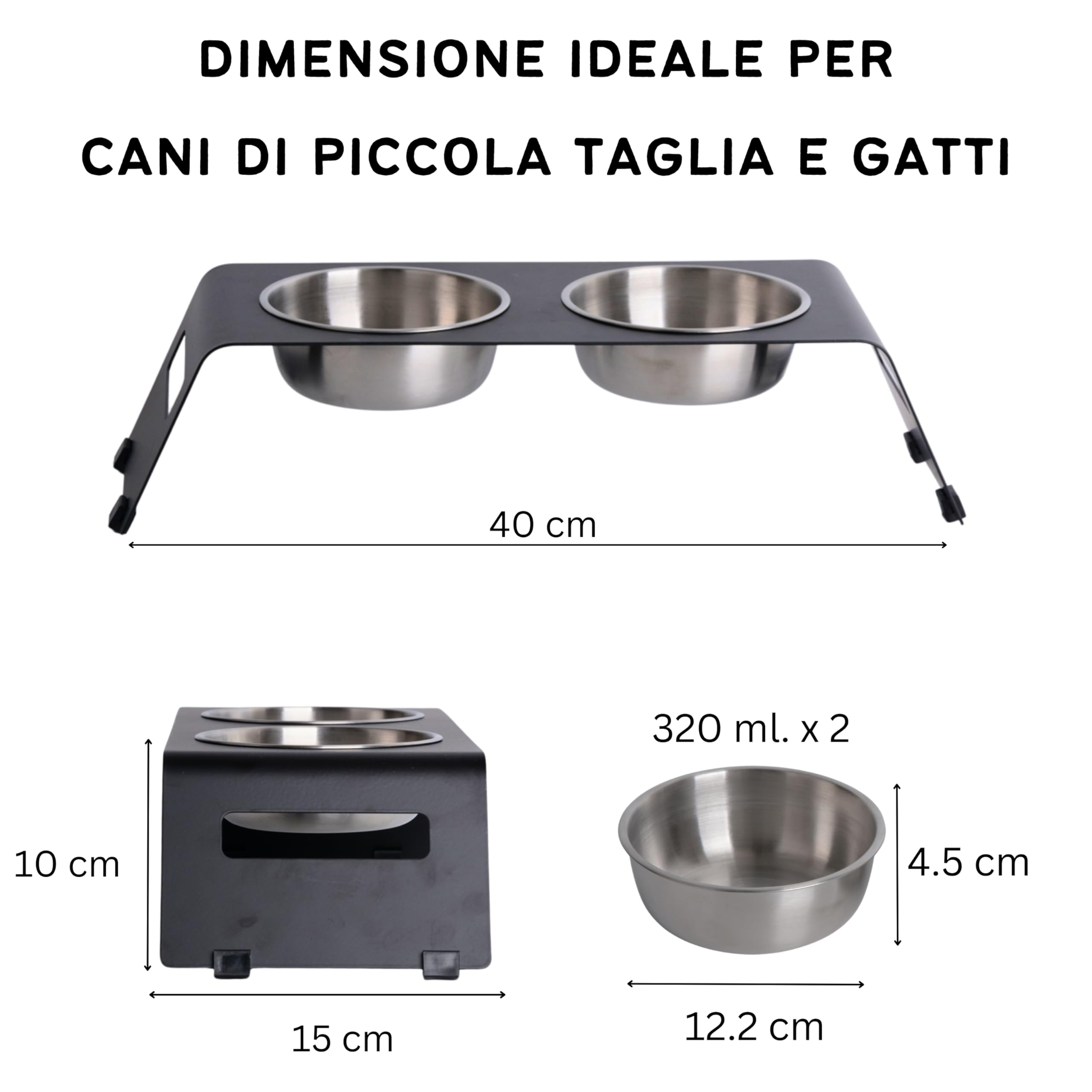 Ciotole per Gatti Rialzate Doppia in Acciaio Inossidabile e Metallo Laccato 2x320 ml Nero