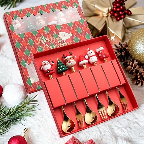Miniatura 7 de Juego de 6 cucharas de Navidad, tenedores de acero inoxidable, cucharas de postre de acero inoxidable, cucharas de postre de sopa, cucharas de té,
