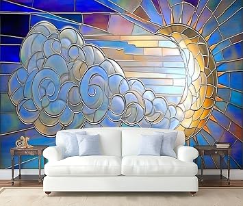 Wall Mural Peel and Stick Stained Glass Moon Blowing Cloud Against Sky Large Wallpaper Self Adhesive Contact Paper Removable 3D Wall Sticker for Living Room Bedroom 69"x96"