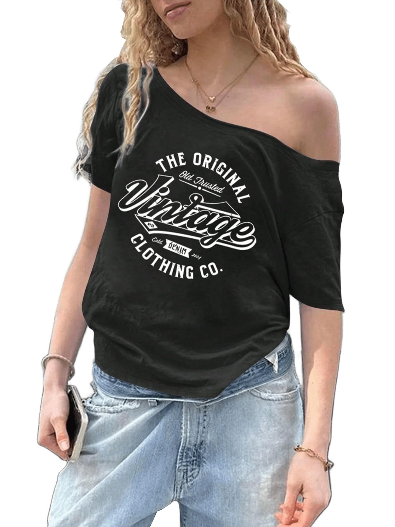 sxv style SXV Vintage Print Women's Off-Shoulder Asymmetric Neck Women's T-Shirt Summer-picture-21