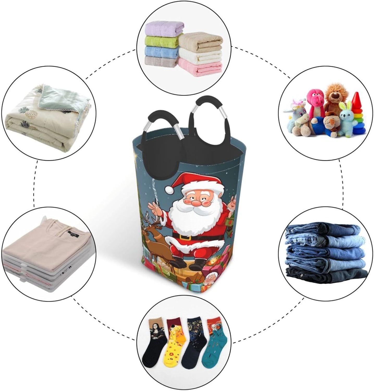Merry Christmas Printed 50L Laundry Baskets Hamper with Handles, Square Dirty Clothes Hamper for Laundry Room Bedroom Bathroom