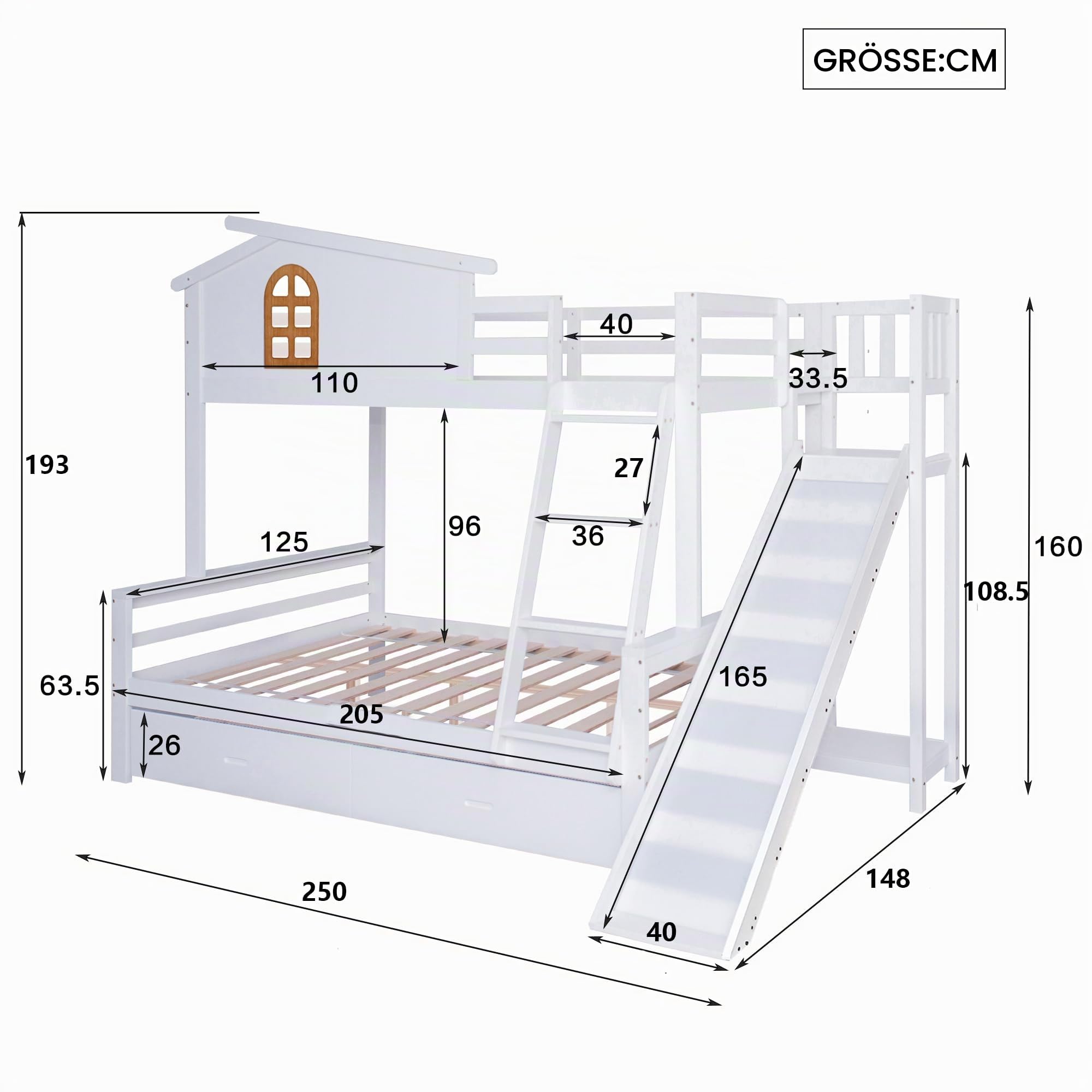 Hochbett mit Rutsche, Kinderbett Etagenbett 90x200 & 120x200, Hausbett mit charakteristischen Fenstern und Zwei Schubladen, Kinder und Mutterbett, Bett mit Lattenrost, Massivholz, Weiß
