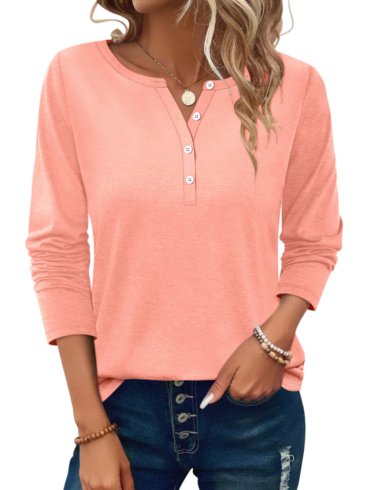 PGANDS Women's Long Sleeve Button Down T Shirts Scoop Neck Casual Tunic Tops