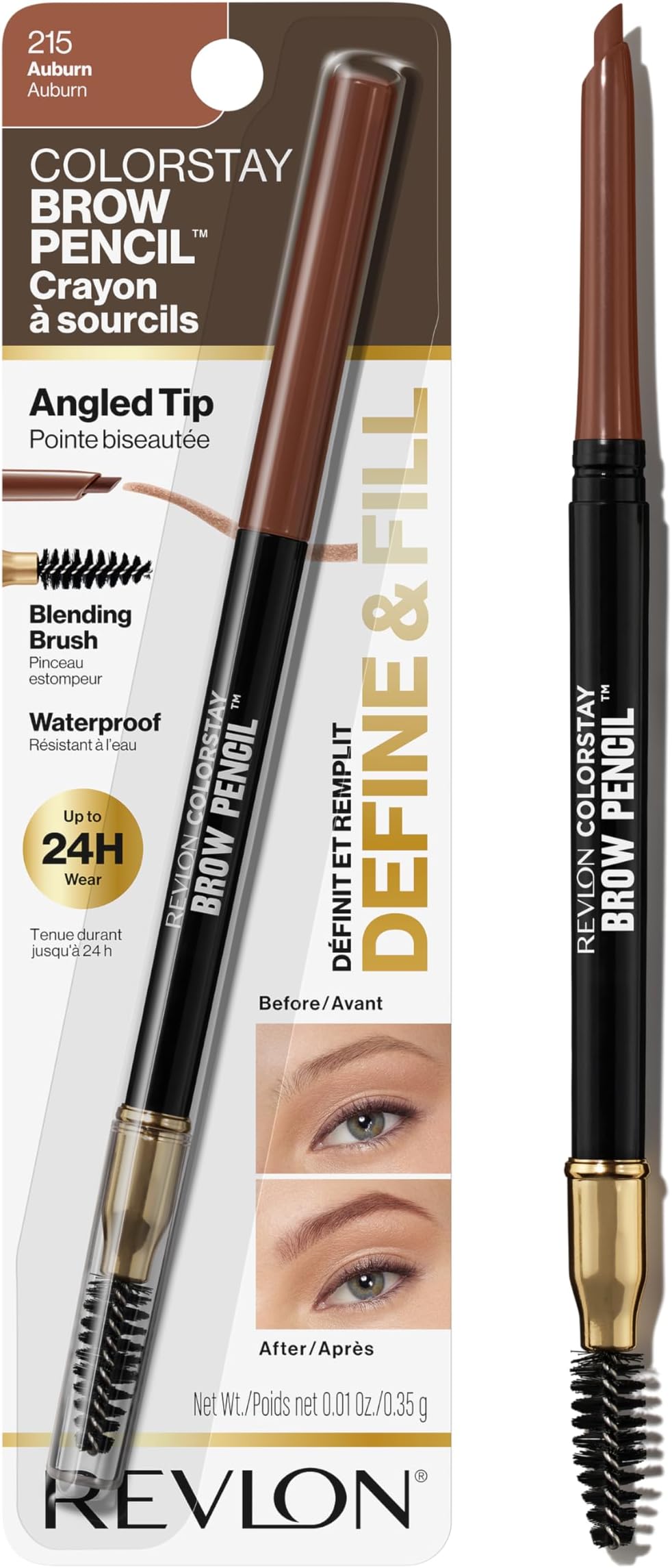 ColorStay Eyebrow Pencil with Spoolie Brush, Waterproof, Hair-Like Strokes for Natural Looking Brows, 215 Auburn, 0.021 oz