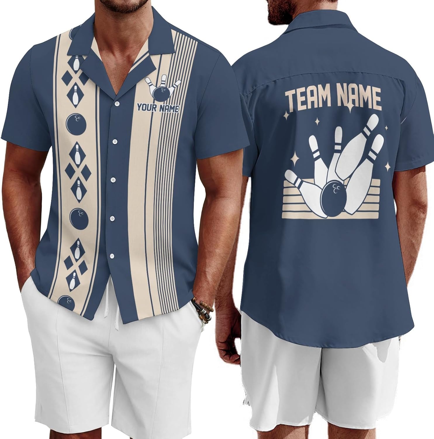 Custom Retro Bowling Shirts for Men, Vintage Short Sleeve Button Down Casual Shirts with Personalized Team Name