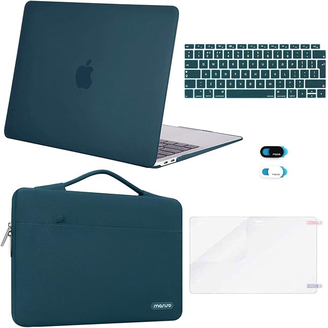 MOSISO Etui kompatybilne z MacBook Air 13" 2022 2021 2020 2019 2018 M1 A2337 A2179 A1932 Retina z Touch ID, plastikowa twarda obudowa i torba, klawiatura skórka, osłona kamery internetowej i osłona ekranu, głęboki turkusowy
