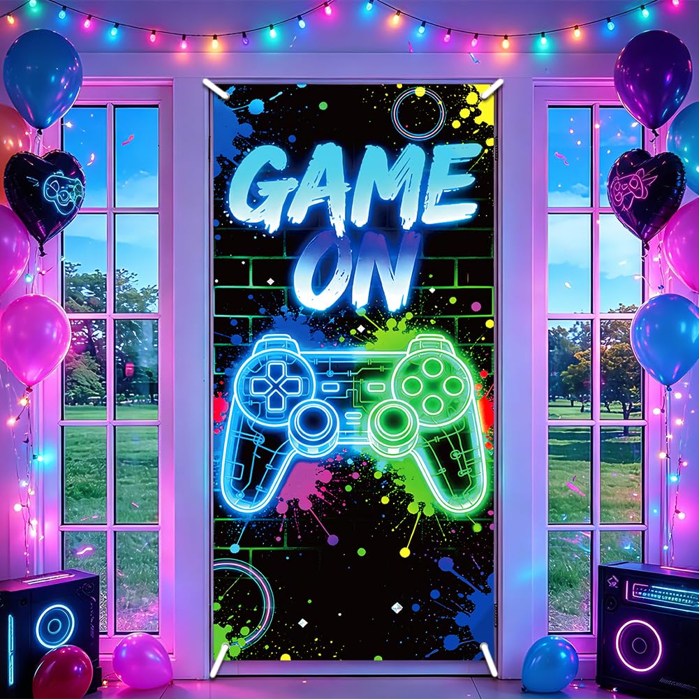 SUPERDANT Game Night Party Banners Decorations, Arcade Party Decor Neon Backdrop for Game Themed Level Up Birthday Backdrop, Video Gaming for Boys Photo Background 185x90cm