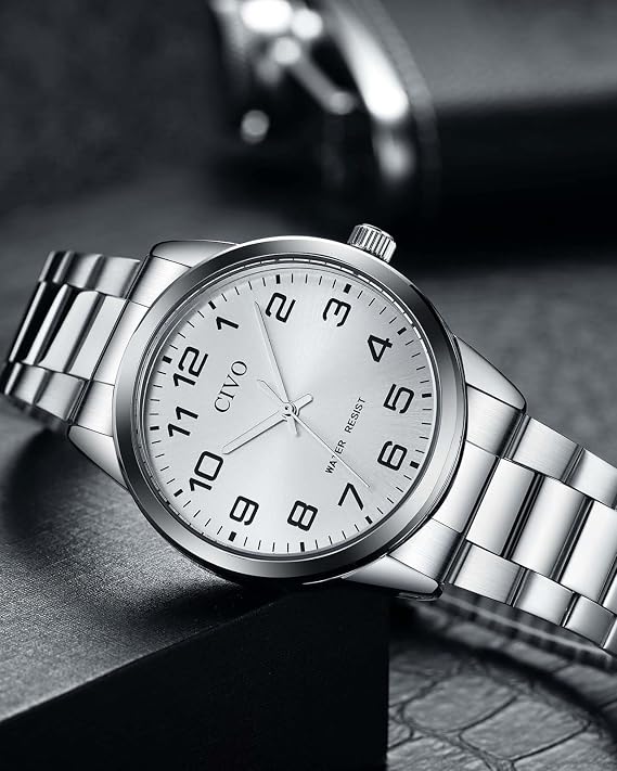 CIVO Men's Casual Analogue Quartz Watch Easy to Read Silver Stainless Steel Waterproof Watch