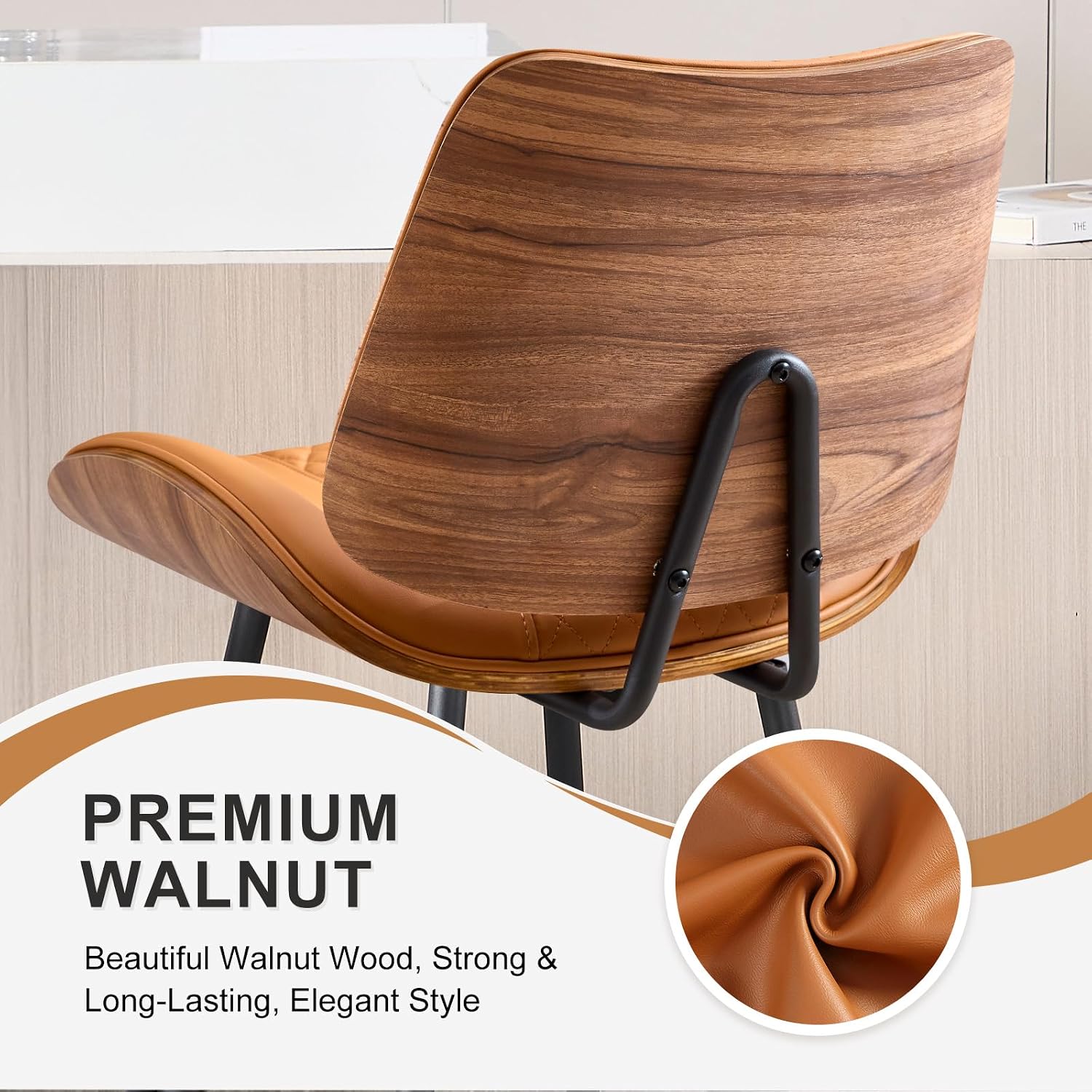 Counter Height Barstools Set of 2, 26.9" Armless Stools with Metal Legs, Walnut Pub Chair in Modern Style,PU Leather Bentwood Bar Chair for Home Counter, Kitchen Dining Island,Cafe(WhiskyBrown)