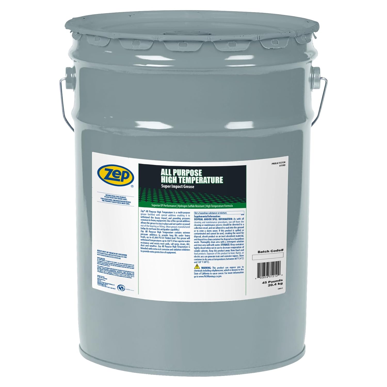 Zep All Purpose High Temperature Grease - 45 Pound (1 Unit) 312134 - Multi-Purpose, Fortified to Withstand The Heavy Impact and Pressures Common to Industrial Equipment, Superior EP Performance