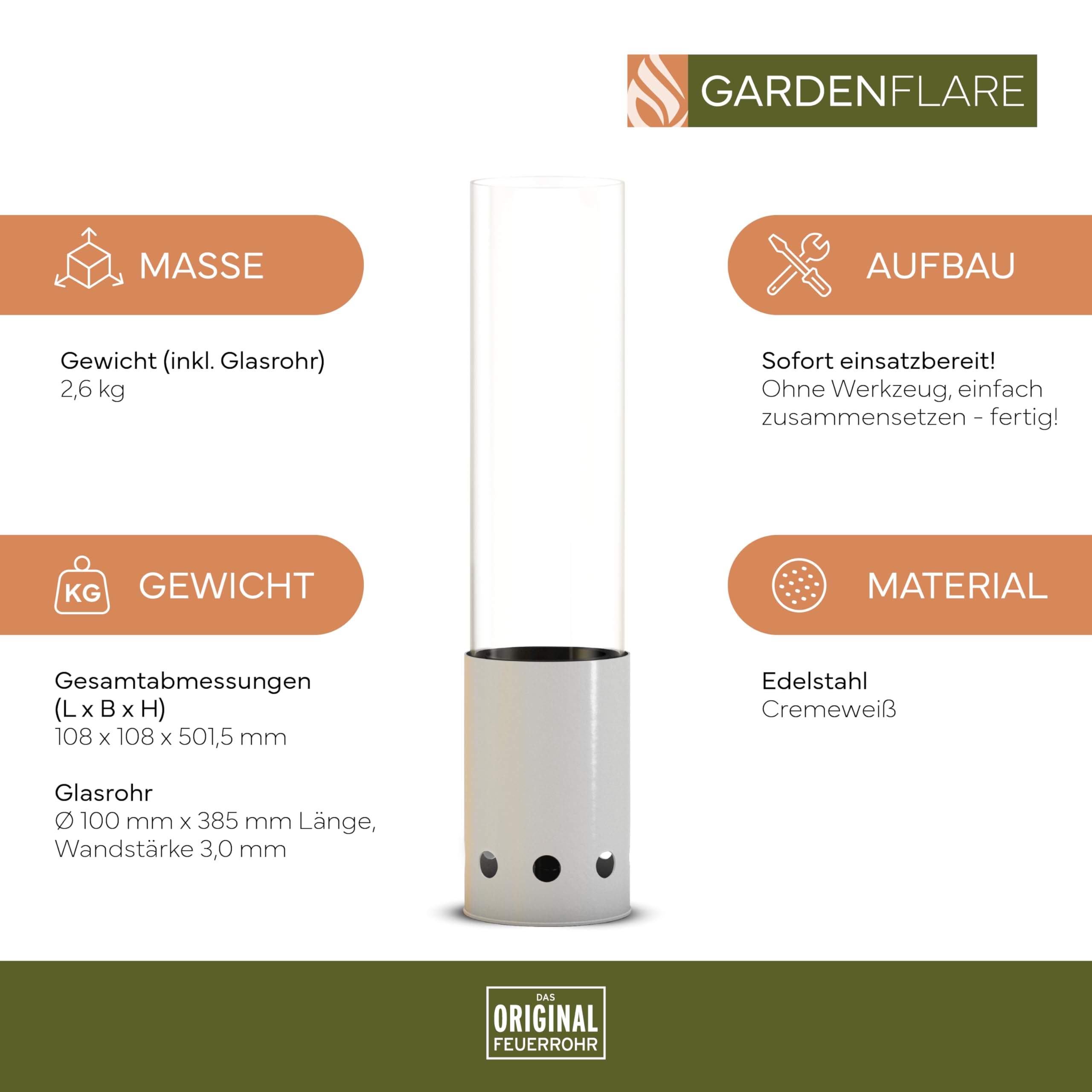 GARDENFLARE Chimenea de mesa para exterior – Hoguera sin humo de acero inoxidable y tubo de fuego para balcón y terraza – Decoración de jardín de alta calidad, vela inextinguible con funcionamiento de