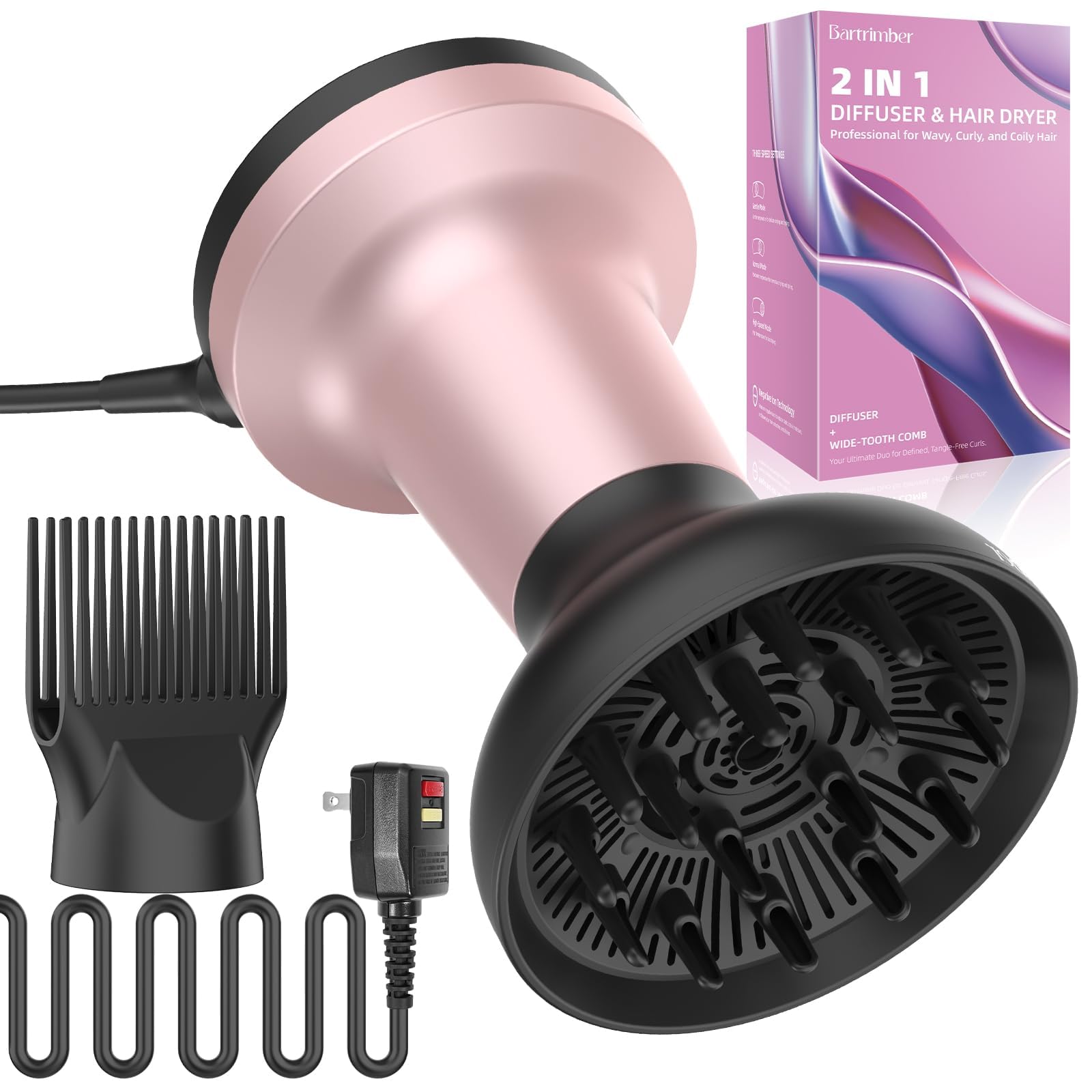 2 in 1 Hair Diffuser for Curly Hair with Ionic Technology, XL 1875W Hair Dryer with Diffuser & Comb Nozzle Attachment, 3×Faster, Enhances Curl Waves, Reduce Frizz, Gifts for Women Her