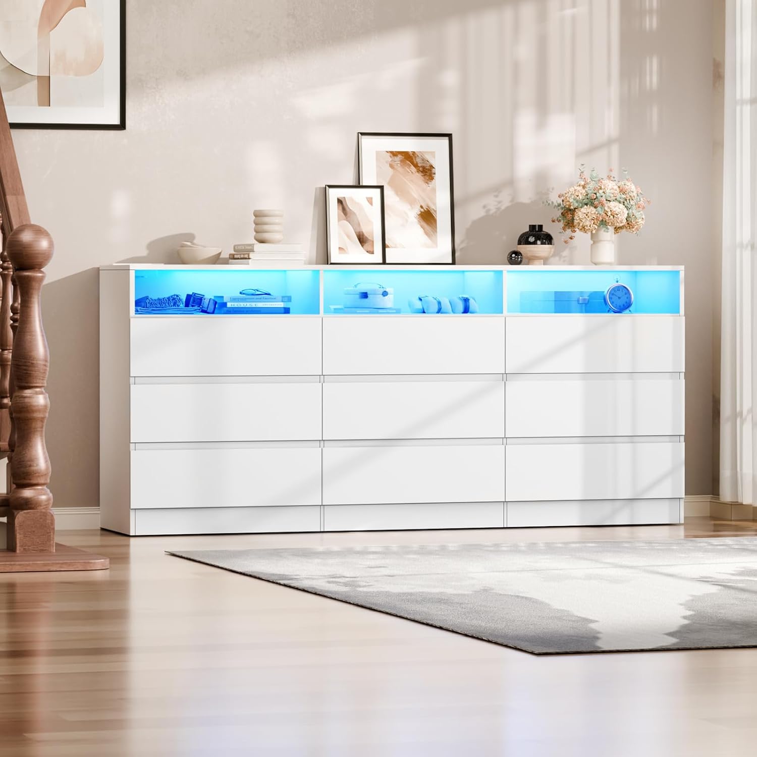 9 Drawer Dresser for Bedroom with Power Outlet, Drawer Organizer with LED Light, Modern Chest of Drawers, Wooden Storage Dressers, TV Stand, Closet Storage for Living Room, Hallway (White)