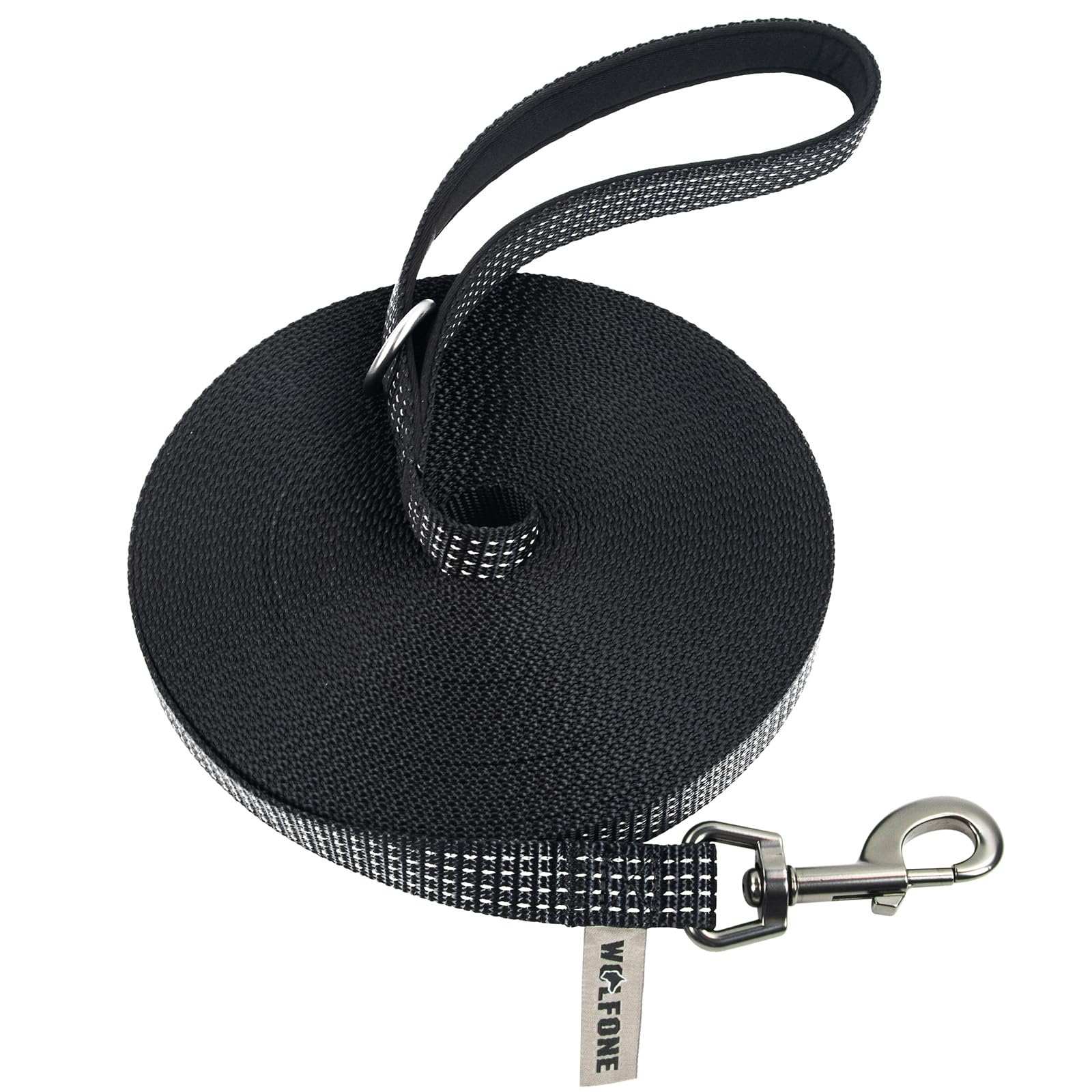 Wolfone Leichte Schleppleine 15m für Hunde,Reflektierende Rückruf-Hundeleine mit weich gepolstertem Griff,Trainingsleine für Outdoor-Übungen Schwarz