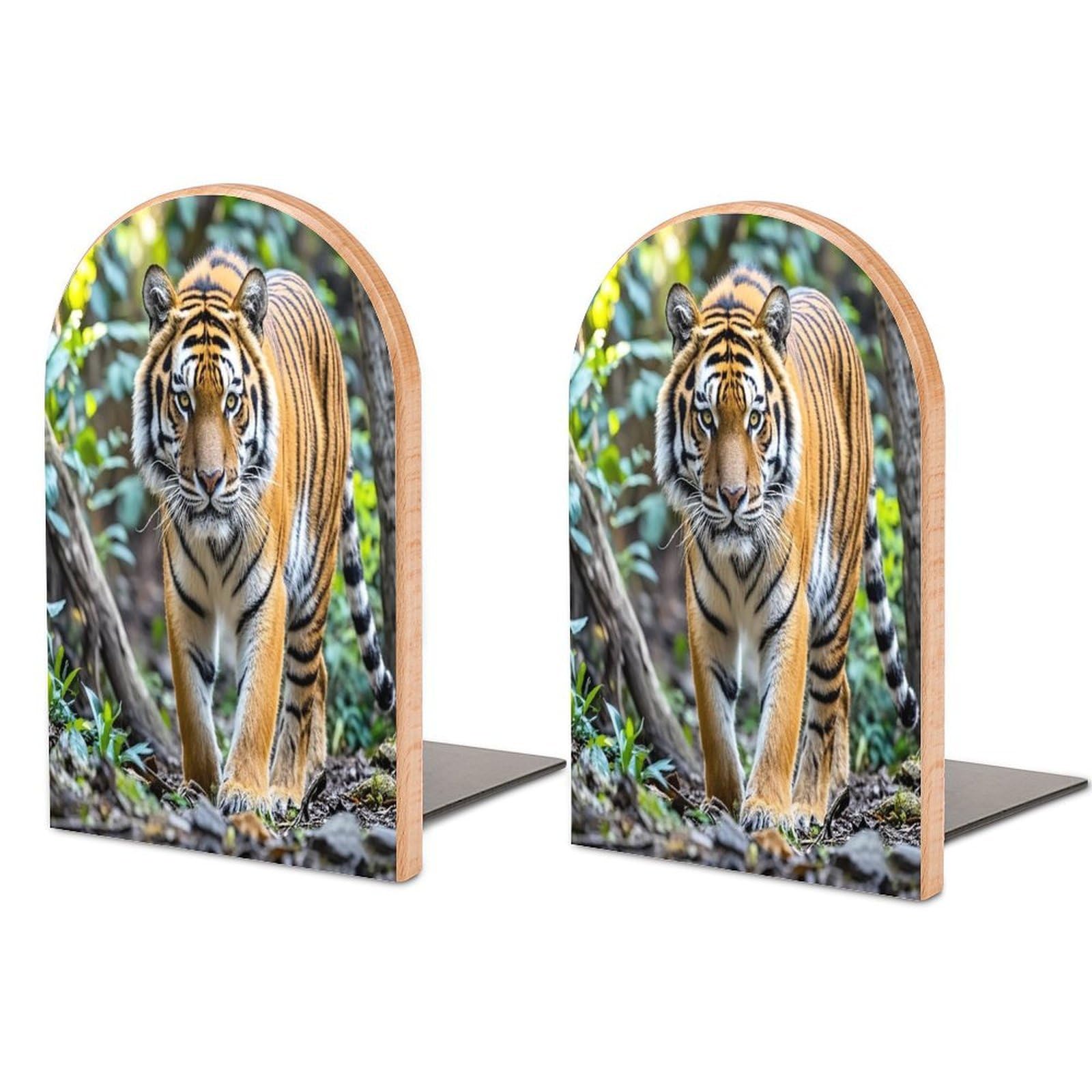Tiger Bookend for Shelves Wooden Book End Sturdy Book Holders Stoppers with Metal Base for Bookshelves Slick Decorative Bookends Stands
