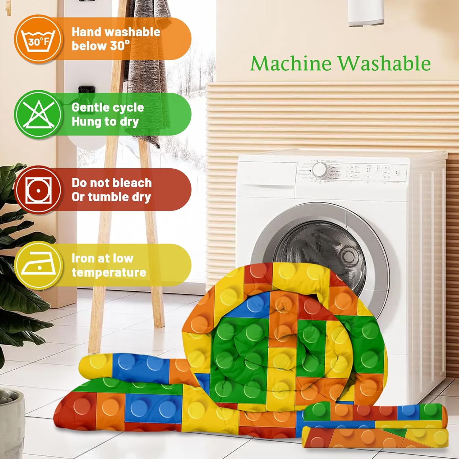 BlessLiving 3 Piece Funny Toy Comforter Set with Pillow Shams Colorful Building Blocks Bedding Set with 3D Printed Designs Reversible Comforter Full/Queen Size Bedding Sets