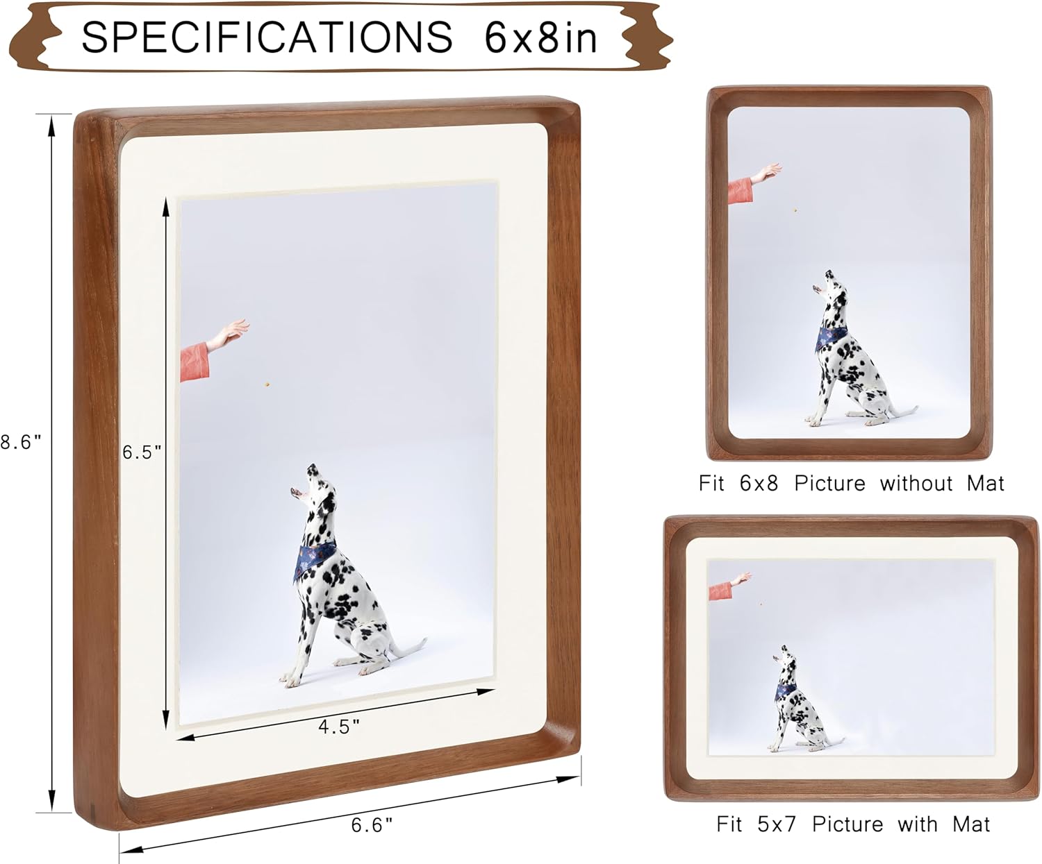 6x8 Picture Frame, Display Photos 5x7 with Mat or 6x8 without Mat, Made of Solid Natural Walnut Wood with Real Glass Vertical Horizontal Standing for Desk Tabletop Wall Hanging Gallery Frame